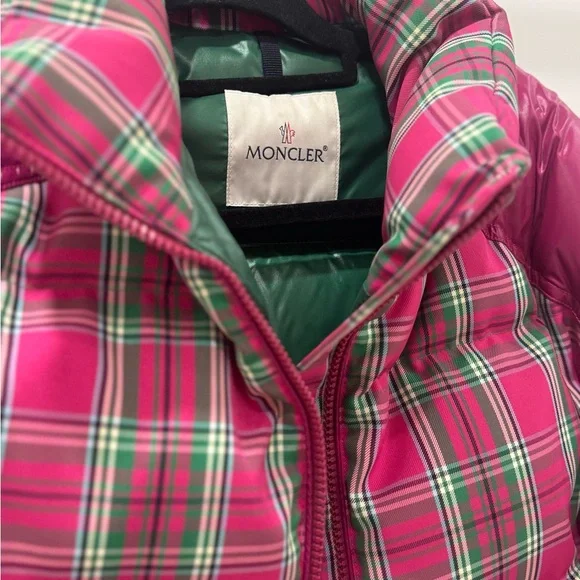 Moncler Vibrant Pink and Green Plaid Kids Puffer Jacket - Picture 2 of 6